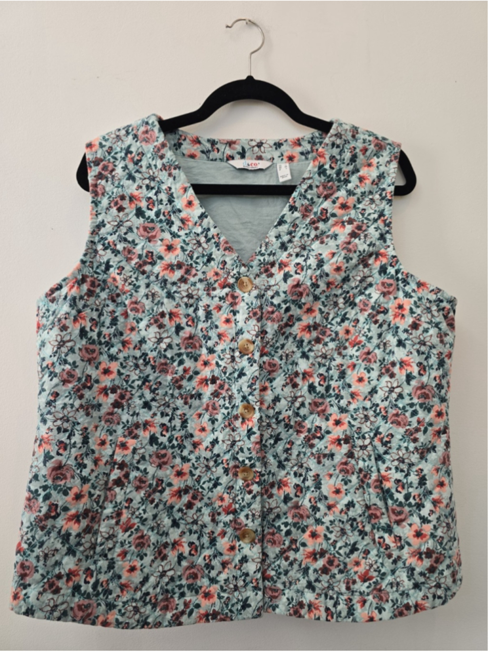Denim & Co. Women Quilted Cotton Gardening Vest Blue Floral Spring Vibes Size M